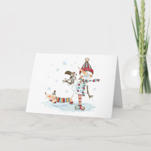 Cartes Pour Fêtes Annuelles Aquarelle Snowman et Dachshund