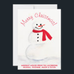 Cartes Pour Fêtes Annuelles Aquarelle Snowman Joyeux Noël Photo Retour<br><div class="desc">Cette carte de Noël simple et mignonne est composée d'un bonhomme de neige couleur aquarelle à la main et festif avec un nez de carotte et un foulard rouge. L'accueil personnalisable dit : Joyeux Noël! mais il peut être changé à tout ce que vous voulez. En dessous se trouve l'espace...</div>