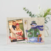 Cartes Pour Fêtes Annuelles Aquarelle Snowman Photo Noël (Debout devant)