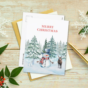 Cartes Pour Fêtes Annuelles Aquarelle Snowman Rabbit et Reinder Noël