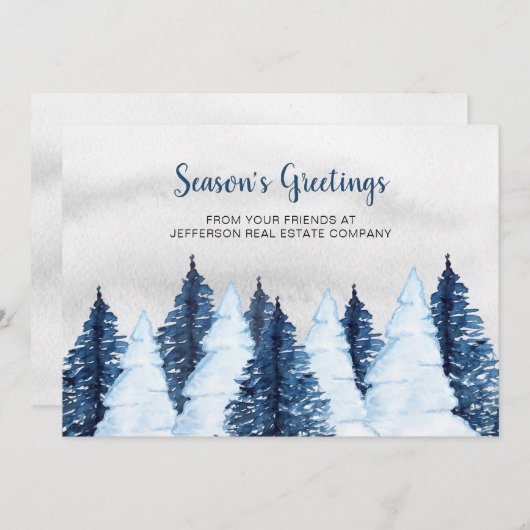 Cartes Pour Fêtes Annuelles Aquarelle Snowy Pine Trees Forêt Hiver Entreprise (Devant / Derrière)