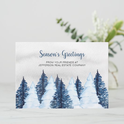 Cartes Pour Fêtes Annuelles Aquarelle Snowy Pine Trees Forêt Hiver Entreprise (Debout devant)