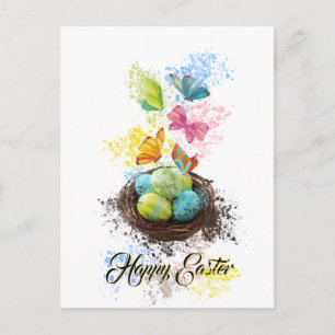 Cartes Pour Fêtes Annuelles Aquarelle Splash OEufs de Pâques Nid & Papillons