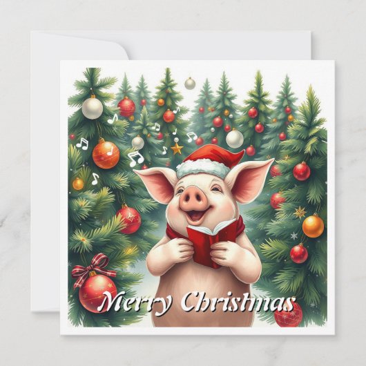 Cartes Pour Fêtes Annuelles Aquarelle tendance Porc Hiver Pins Chanteurs de No (Devant)