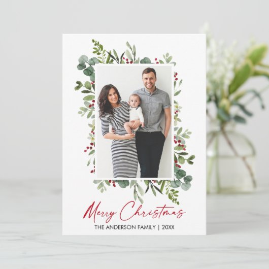 Cartes Pour Fêtes Annuelles Aquarelle Verdure Berries Calligraphie Encre rouge (Debout devant)