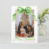 Cartes Pour Fêtes Annuelles Aquarelle Vert En vichy Bow Photo de Noël (Debout devant)