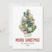 Cartes Pour Fêtes Annuelles Aquarelle Vert Ornements Arbre Photo Noël (Devant)