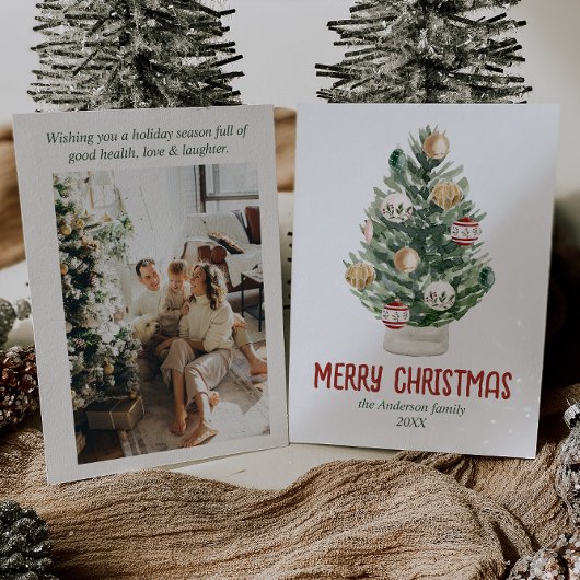 Cartes Pour Fêtes Annuelles Aquarelle Vert Ornements Arbre Photo Noël