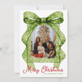 Cartes Pour Fêtes Annuelles Aquarelle Vert Polka Dot Bow Photo de Noël (Devant)