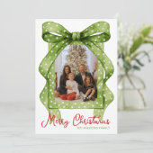 Cartes Pour Fêtes Annuelles Aquarelle Vert Polka Dot Bow Photo de Noël (Debout devant)
