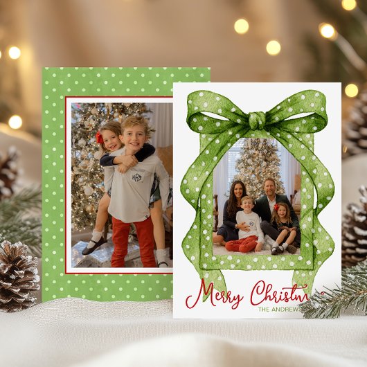 Cartes Pour Fêtes Annuelles Aquarelle Vert Polka Dot Bow Photo de Noël