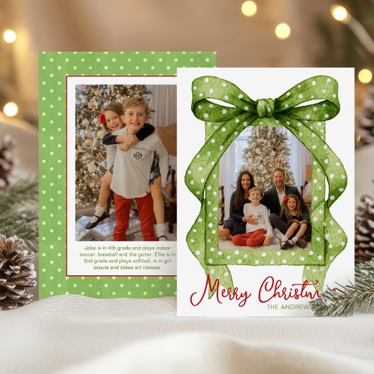 Cartes Pour Fêtes Annuelles Aquarelle Vert Polka Dot Bow Photo de Noël