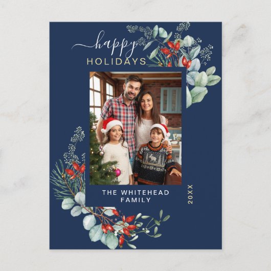 Cartes Pour Fêtes Annuelles Aquarelle verte Elégant bleu marine (Devant)