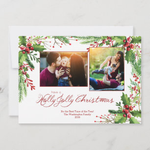 Cartes Pour Fêtes Annuelles Aquarelle verte rouge Holly Deux 2 photos Noël