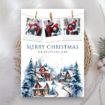 Cartes Pour Fêtes Annuelles Aquarelle Village d'hiver Photo Collage Noël<br><div class="desc">Elégante carte de Noël avec de beaux cabines et pins. Ajoutez simplement votre texte sur ce modèle facile à utiliser et ornez cette carte avec vos photos préférées pour en faire une carte de vacances unique.</div>