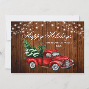 Cartes Pour Fêtes Annuelles Aquarelle Vintage Camion Rouge Bois Éclairages