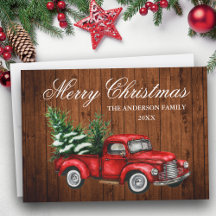 Aquarelle Vintage Camion Rouge Bois Joyeux Noël