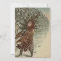 Aquarelle vintage Fille & Arbre voeux de Noël