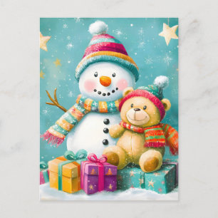 Cartes Pour Fêtes Annuelles Aquarelle vintage Ours Snowman Noël Joie