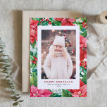 Cartes Pour Fêtes Annuelles Aquarelle vintage Rouge Poinsettias Photo vertical<br><div class="desc">Joyeux Noël! Envoyez un message de Noël à votre famille et à vos amis avec cette carte à thème floral. Il présente des illustrations d'aquarelle ou poinsettias rouges et roses,  baies et verdure. Personnalisez en ajoutant une photo,  des noms et un message.</div>
