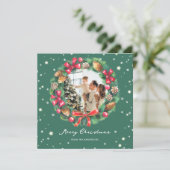 Cartes Pour Fêtes Annuelles Aquarelle Wreath Stars Green Photo Noël (Debout devant)