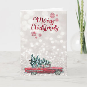 Cartes Pour Fêtes Annuelles Arbre à pin de voiture rétro, Glitter Bokeh