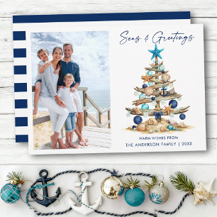 Cartes Pour Fêtes Annuelles Arbre aquarelle Mers et salutations Photo Rayé