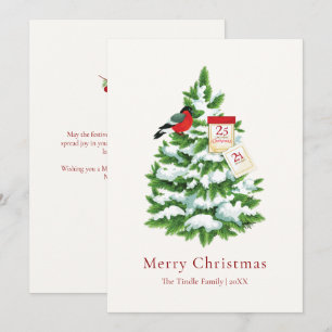 Cartes Pour Fêtes Annuelles Arbre de Noël à l'aquarelle avec oiseau rouge élég