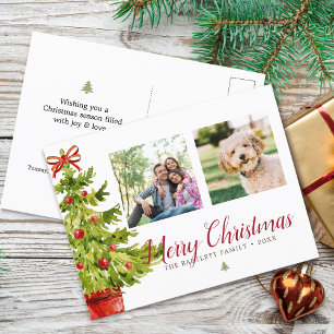 Cartes Pour Fêtes Annuelles Arbre de Noël à l'aquarelle classique 2 Photos