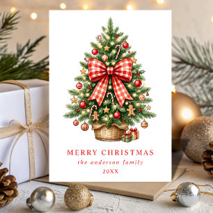 Cartes Pour Fêtes Annuelles Arbre de Noël à l'aquarelle élégant avec ruban gin