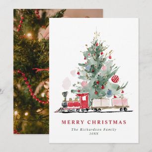 Cartes Pour Fêtes Annuelles Arbre de Noël à l'aquarelle élégant Train & Photo