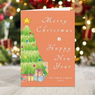 Cartes Pour Fêtes Annuelles Arbre de Noël à l'aquarelle & Famille Nouvel An
