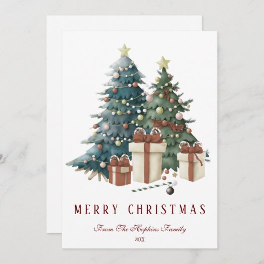 Cartes Pour Fêtes Annuelles Arbre de Noël à l'aquarelle vert et marron (Devant / Derrière)