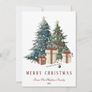 Cartes Pour Fêtes Annuelles Arbre de Noël à l'aquarelle vert et marron