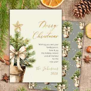 Cartes Pour Fêtes Annuelles Arbre de Noël aquarelle à ruban doré moderne