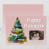 Cartes Pour Fêtes Annuelles Arbre de Noël Aquarelle de neige rose (Devant / Derrière)
