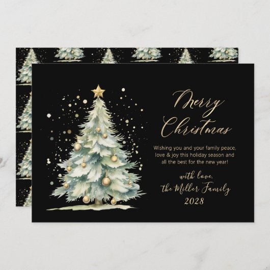 Cartes Pour Fêtes Annuelles Arbre de Noël Black Gold Script (Devant / Derrière)