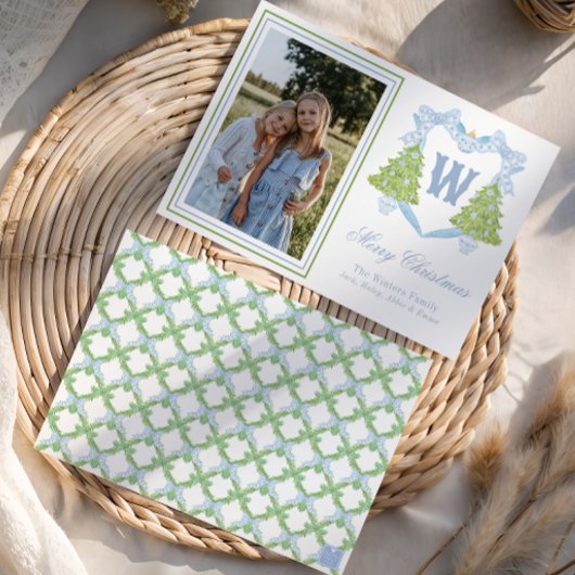 Cartes Pour Fêtes Annuelles Arbre de Noël bleu Monogram Crest Photo