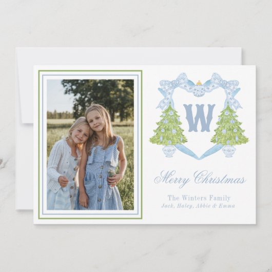 Cartes Pour Fêtes Annuelles Arbre de Noël bleu Monogram Crest Photo (Devant)