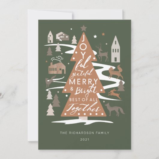 Cartes Pour Fêtes Annuelles Arbre de Noël Bois Animaux & Cosy Village (Devant)