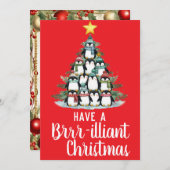 Cartes Pour Fêtes Annuelles Arbre de Noël brillant pingouin (Devant / Derrière)