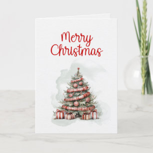 Cartes Pour Fêtes Annuelles Arbre de Noël décoré classique, Blanc rouge gras