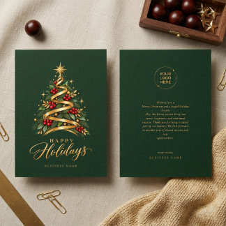 Cartes Pour Fêtes Annuelles Arbre de Noël élégant Entreprise Vert et Or
