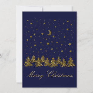 Cartes Pour Fêtes Annuelles Arbre de Noël en or brillant, lune, étoiles sur bl