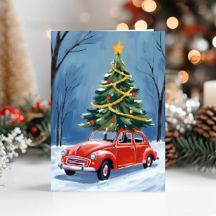 Cartes Pour Fêtes Annuelles Arbre de Noël en voiture rouge antique