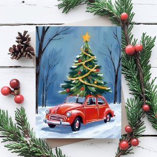 Cartes Pour Fêtes Annuelles Arbre de Noël en voiture rouge antique