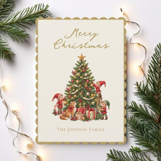 Cartes Pour Fêtes Annuelles Arbre de Noël Enchanté avec Gnomes et Chat
