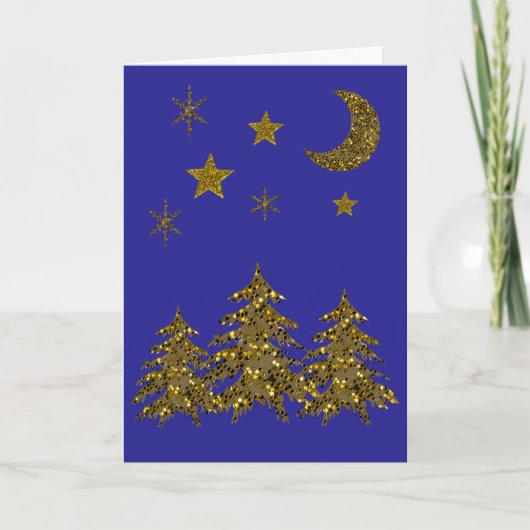 Cartes Pour Fêtes Annuelles Arbre de Noël étincelant, lune, étoiles sur bleu (Devant)