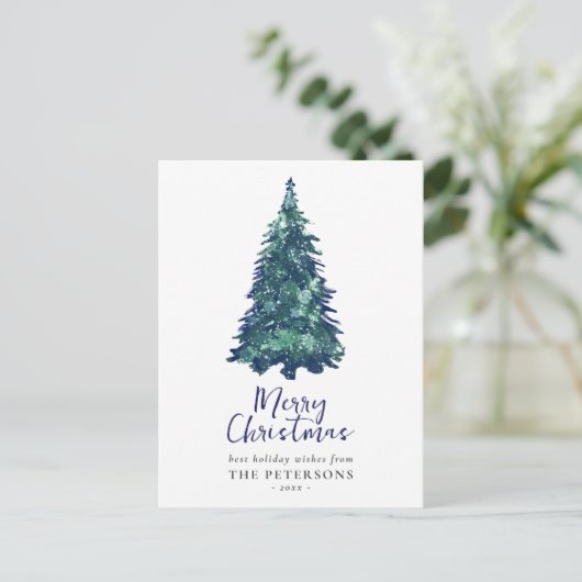 Cartes Pour Fêtes Annuelles Arbre de Noël Festif Moderne Snowy Blue (Debout devant)