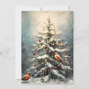 Cartes Pour Fêtes Annuelles Arbre de Noël hivernal rustique aux oiseaux rouges